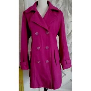 Women Pea Coat Wool Blend SZ Large Double Breast Belted Purple